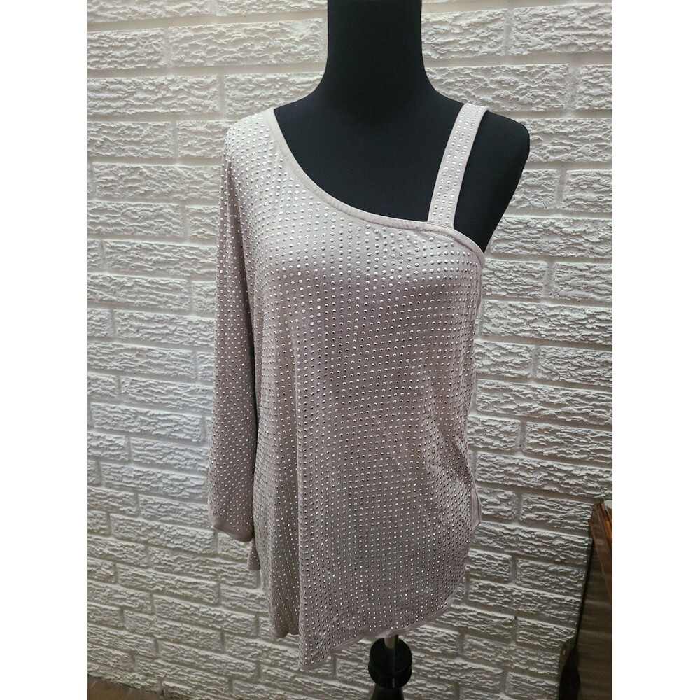 I-N-C Womens One Shoulder heavy Embellished pullover taupe Blouse